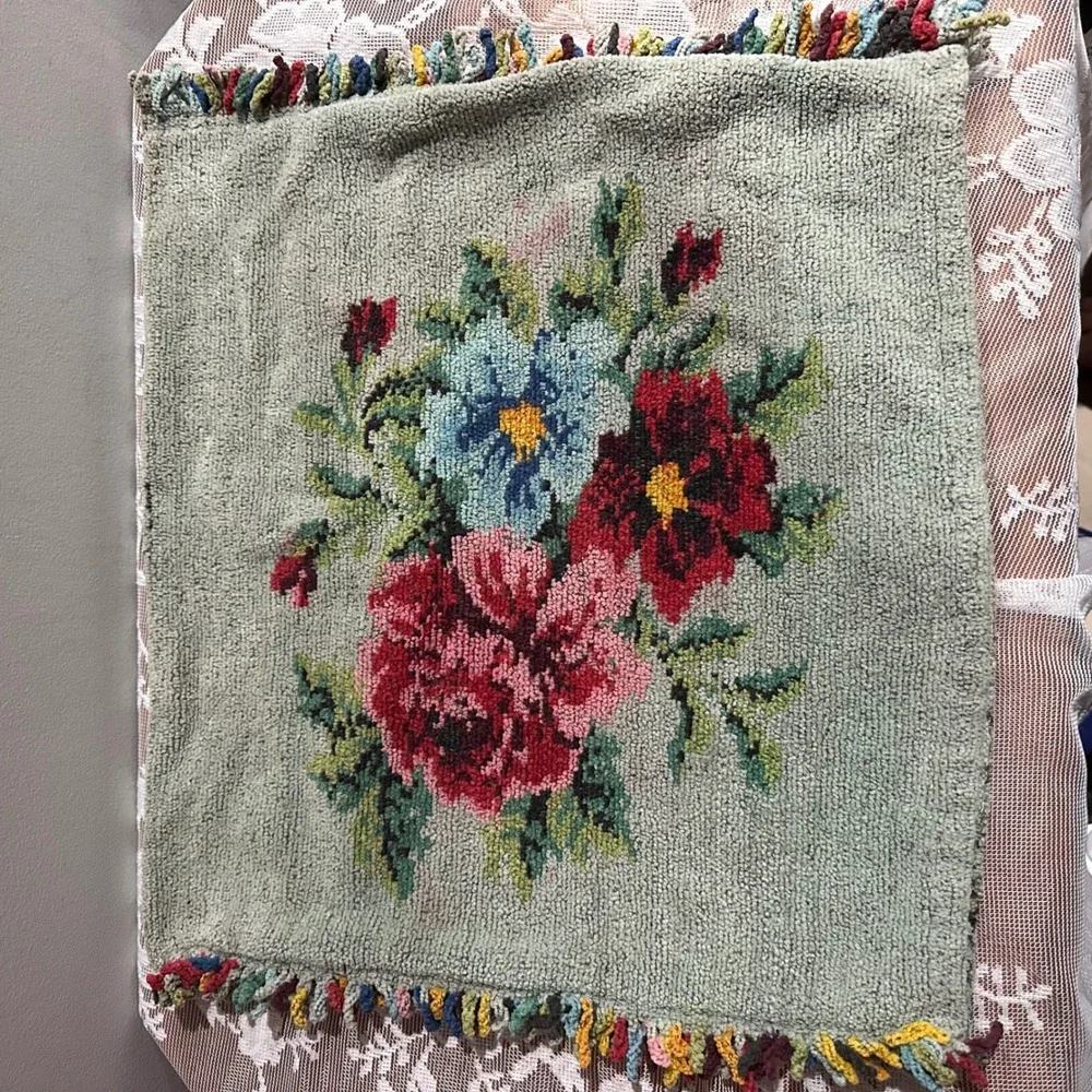 Handmade Floral Accent Pillow Peach Blue Red‎ Pink Textured Fringe Boho